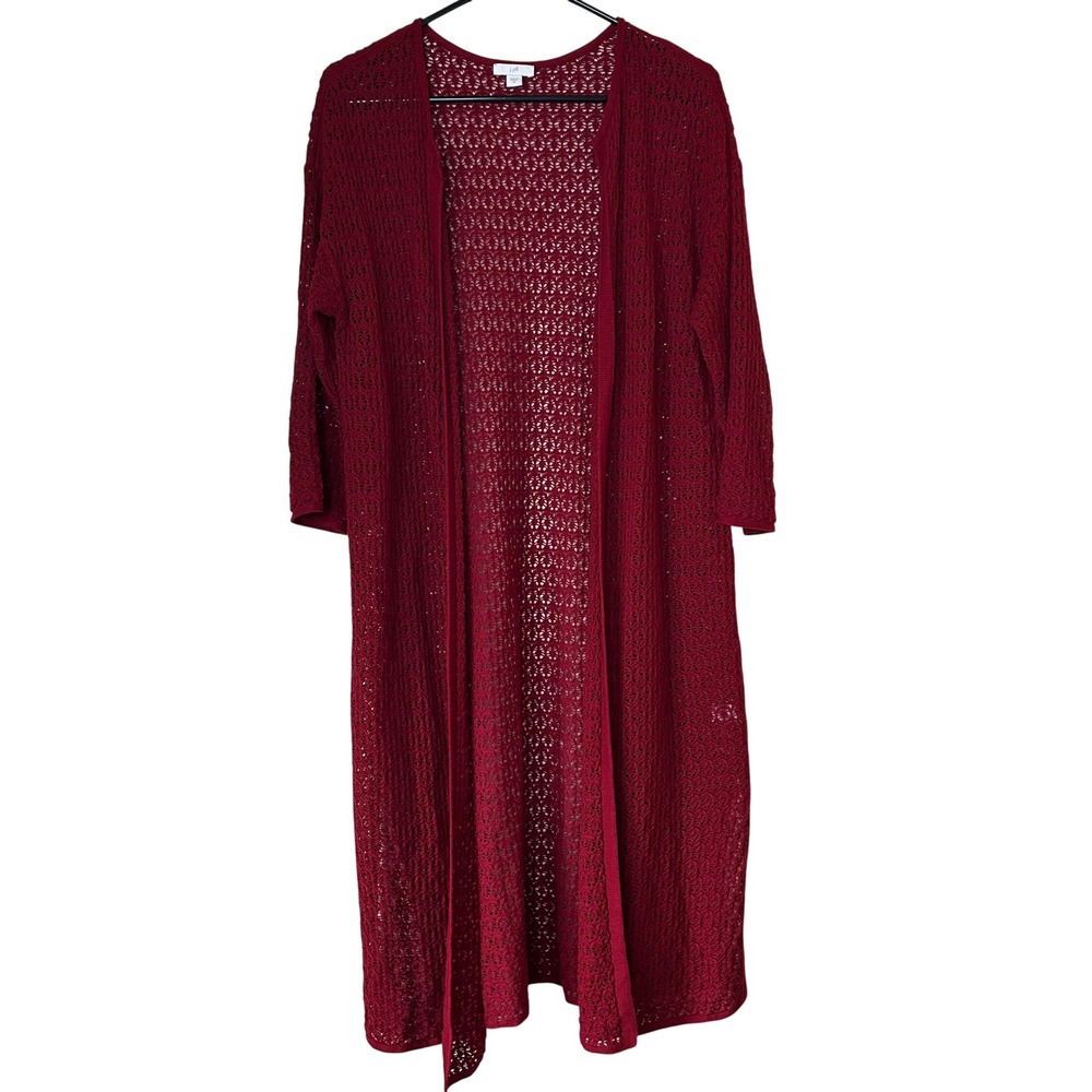 J. Jill Red Pointelle Knit Longline Cardigan Duster Women M Whimsigoth Romantic